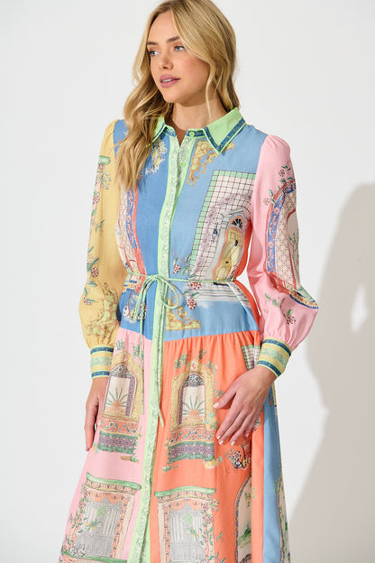 Jensen Midi Shirt Dress in Multi Patchwork Print Linen Blend