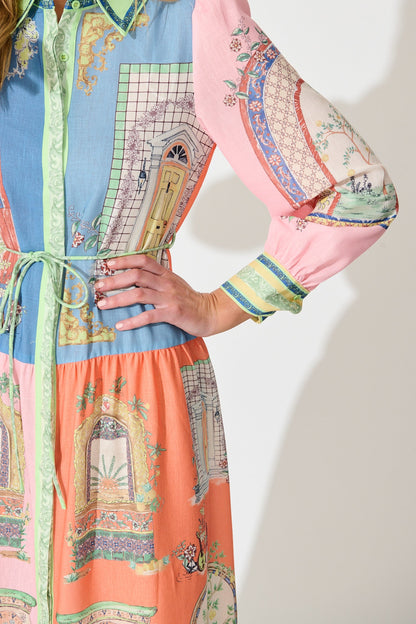 Jensen Midi Shirt Dress in Multi Patchwork Print Linen Blend