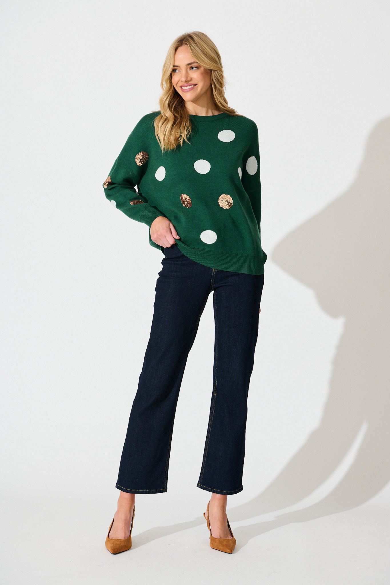 Almeria Knit In Emerald With Sequin Spot Wool Blend