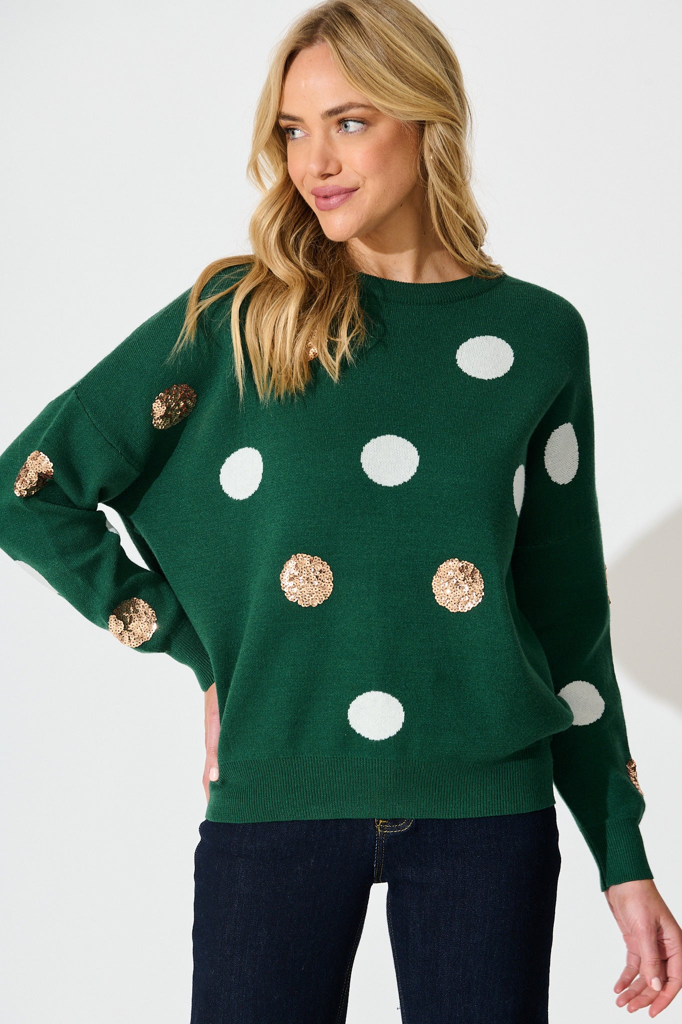 Almeria Knit In Emerald With Sequin Spot Wool Blend