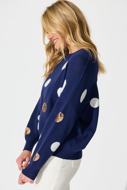 Almeria Knit In Navy With Sequin Spot Wool Blend