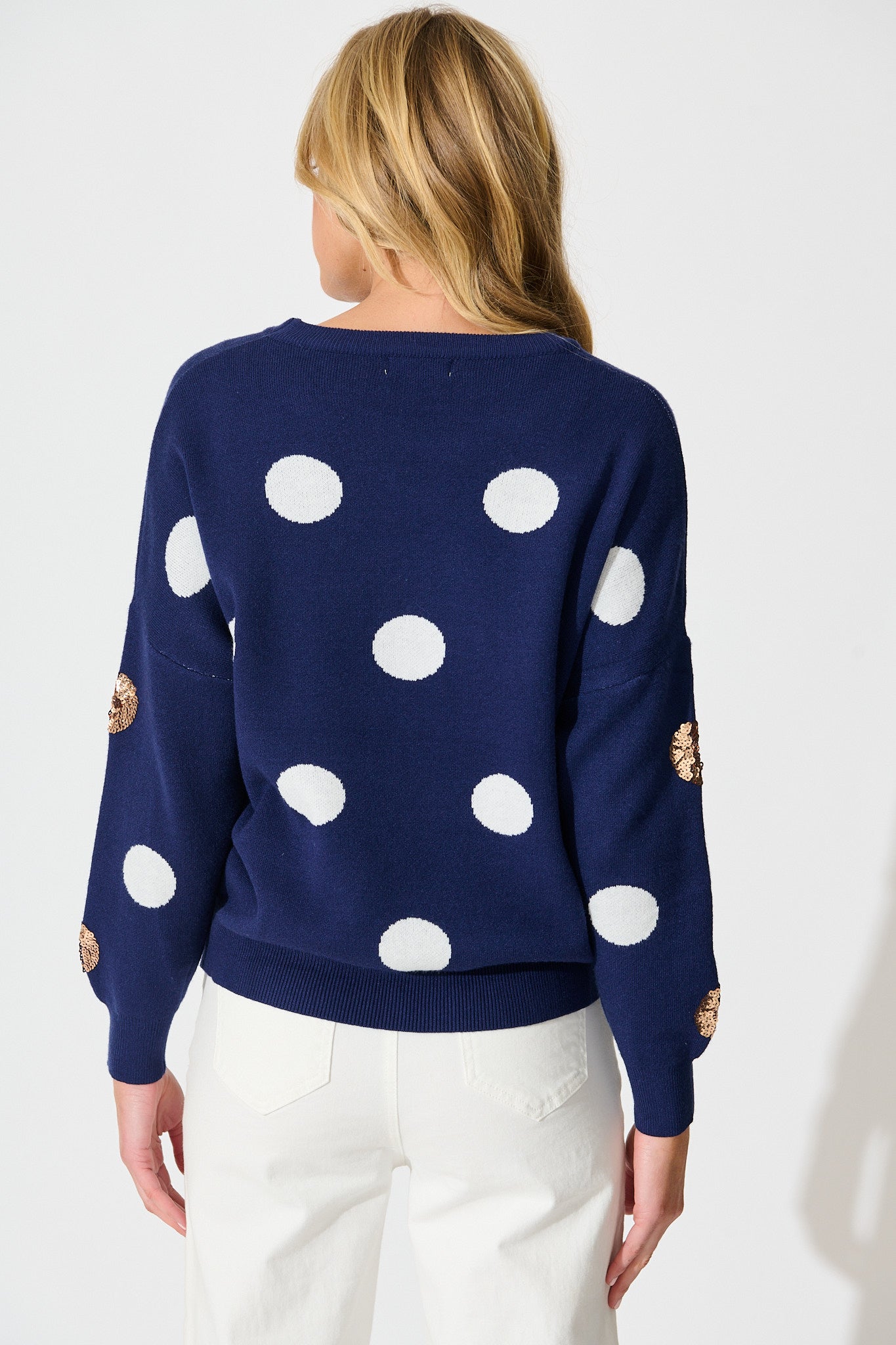 Almeria Knit In Navy With Sequin Spot Wool Blend