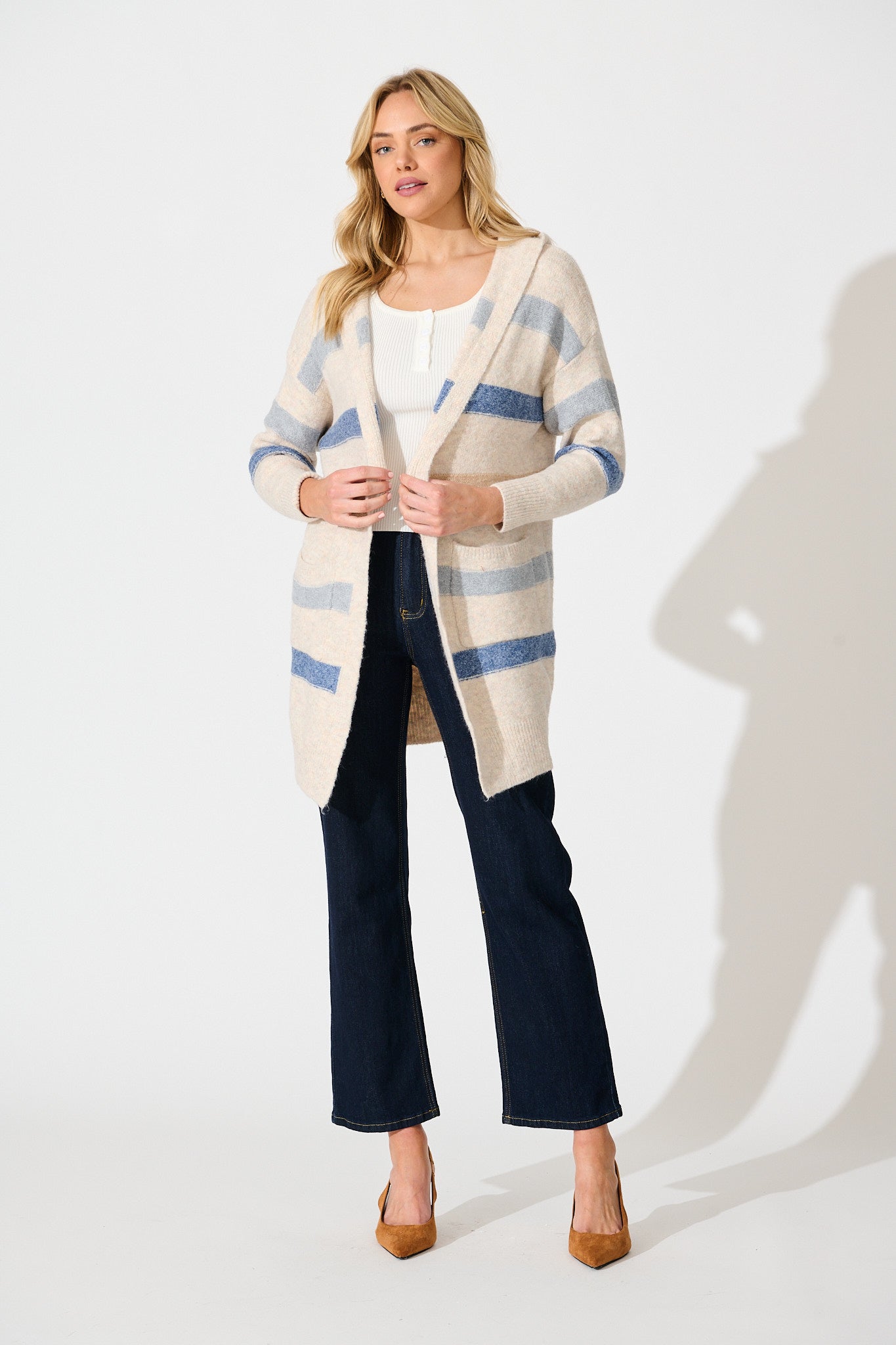 Elara Hood Knit Cardigan in Beige with Blue Stripe Wool Blend
