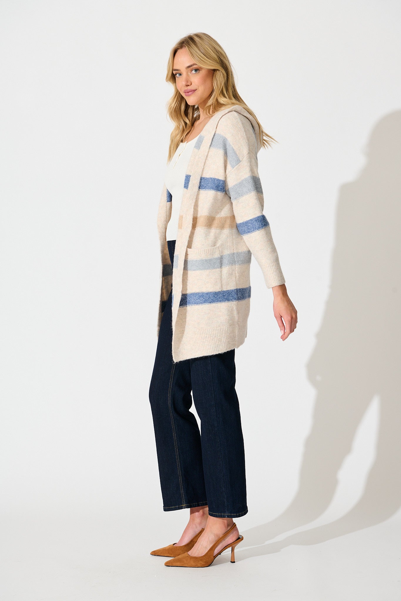 Elara Hood Knit Cardigan in Beige with Blue Stripe Wool Blend