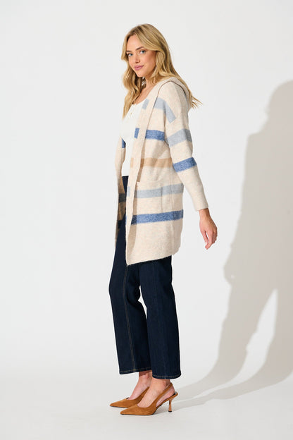 Elara Hood Knit Cardigan in Beige with Blue Stripe Wool Blend