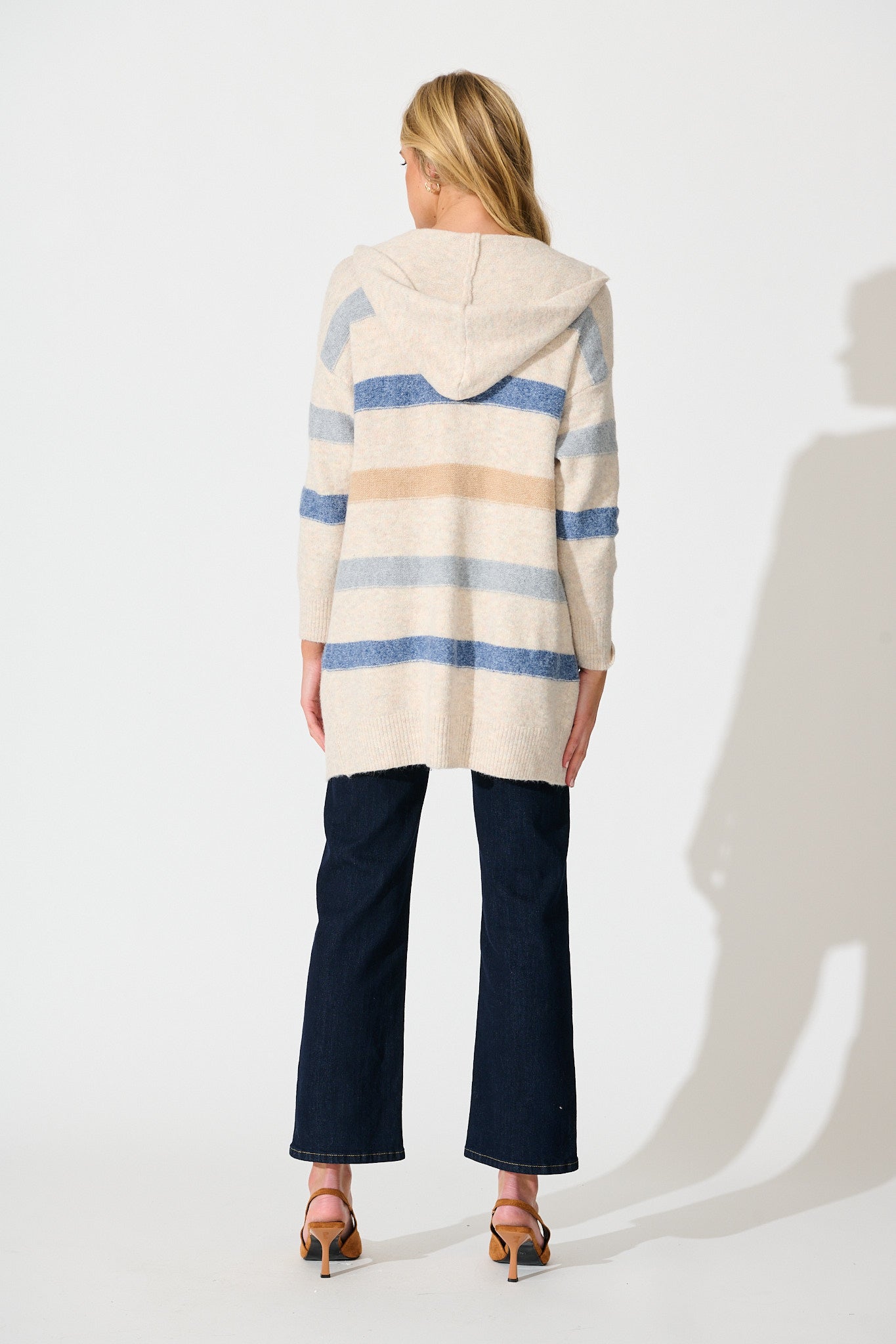 Elara Hood Knit Cardigan in Beige with Blue Stripe Wool Blend
