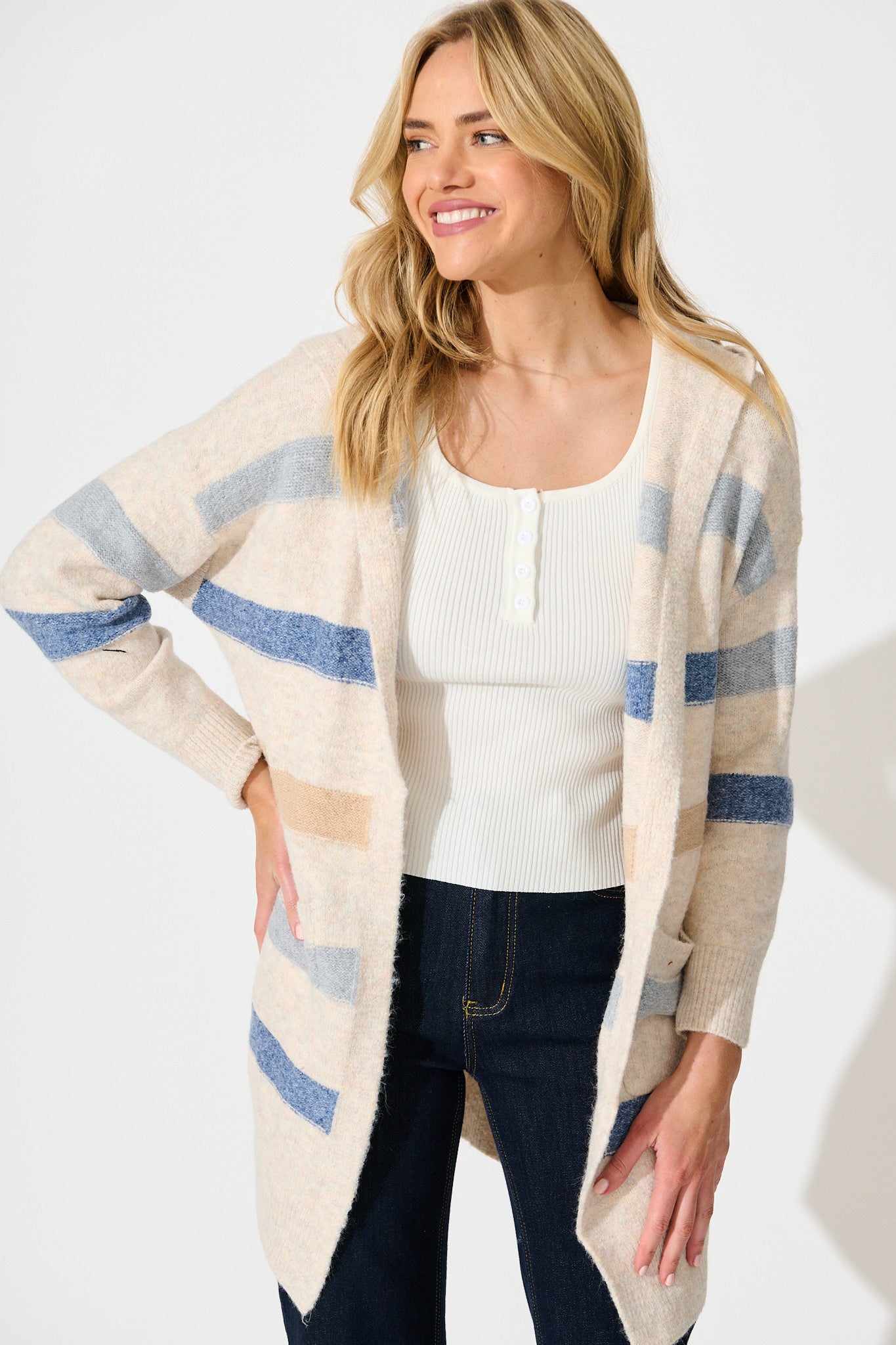 Elara Hood Knit Cardigan in Beige with Blue Stripe Wool Blend