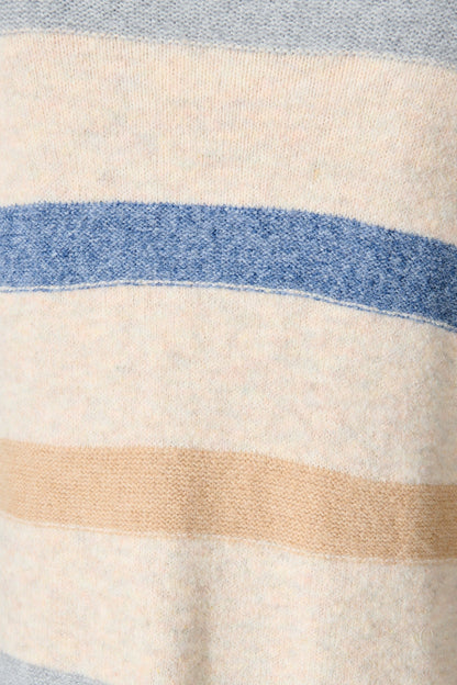 Elara Hood Knit Cardigan in Beige with Blue Stripe Wool Blend