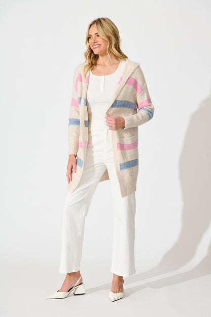 Elara Hood Knit Cardigan in Pink and Multi Stripe Wool Blend