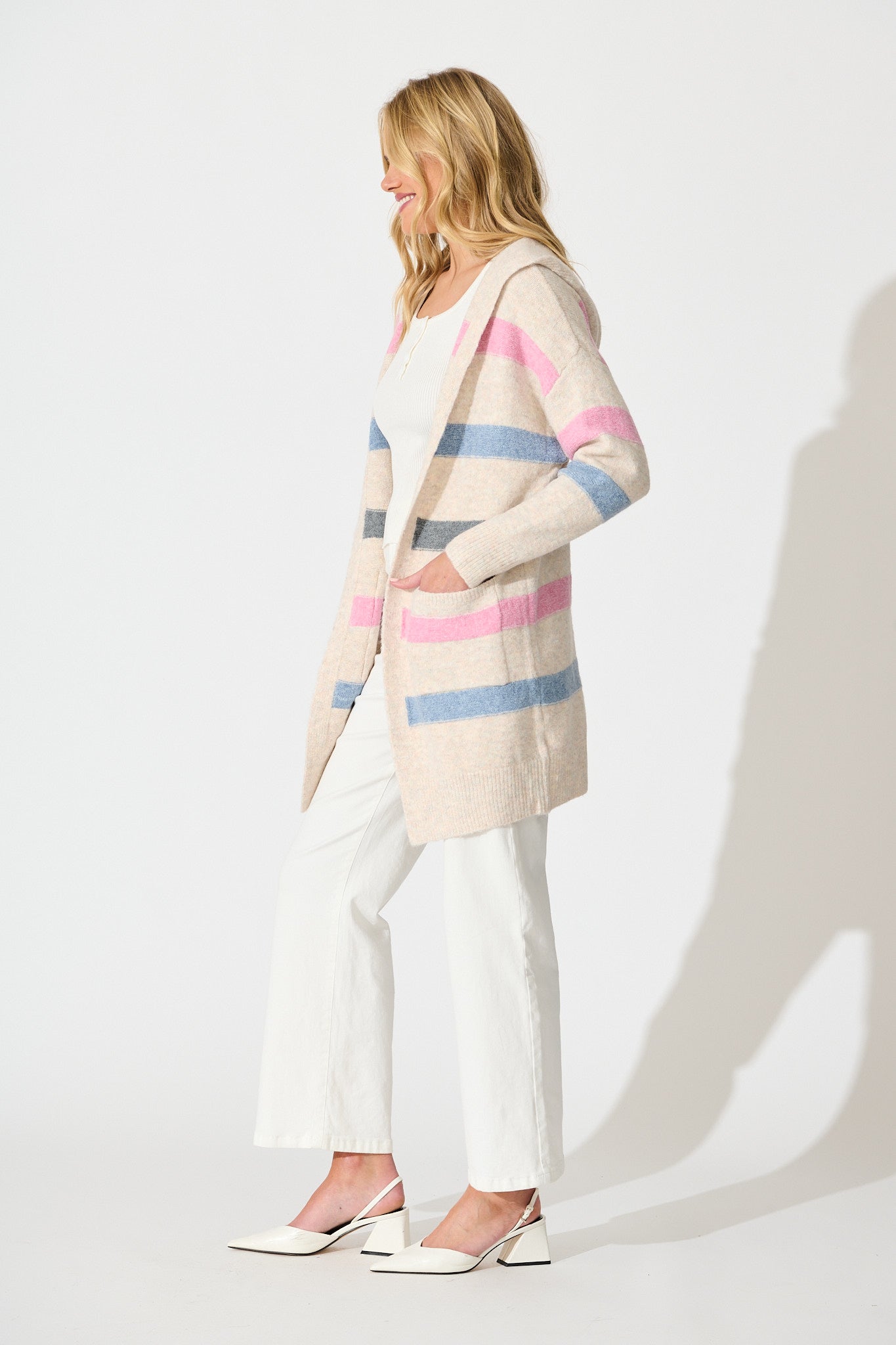 Elara Hood Knit Cardigan in Pink and Multi Stripe Wool Blend