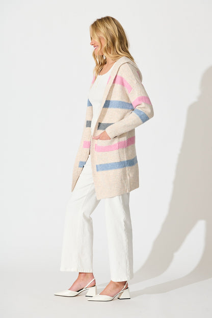Elara Hood Knit Cardigan in Pink and Multi Stripe Wool Blend