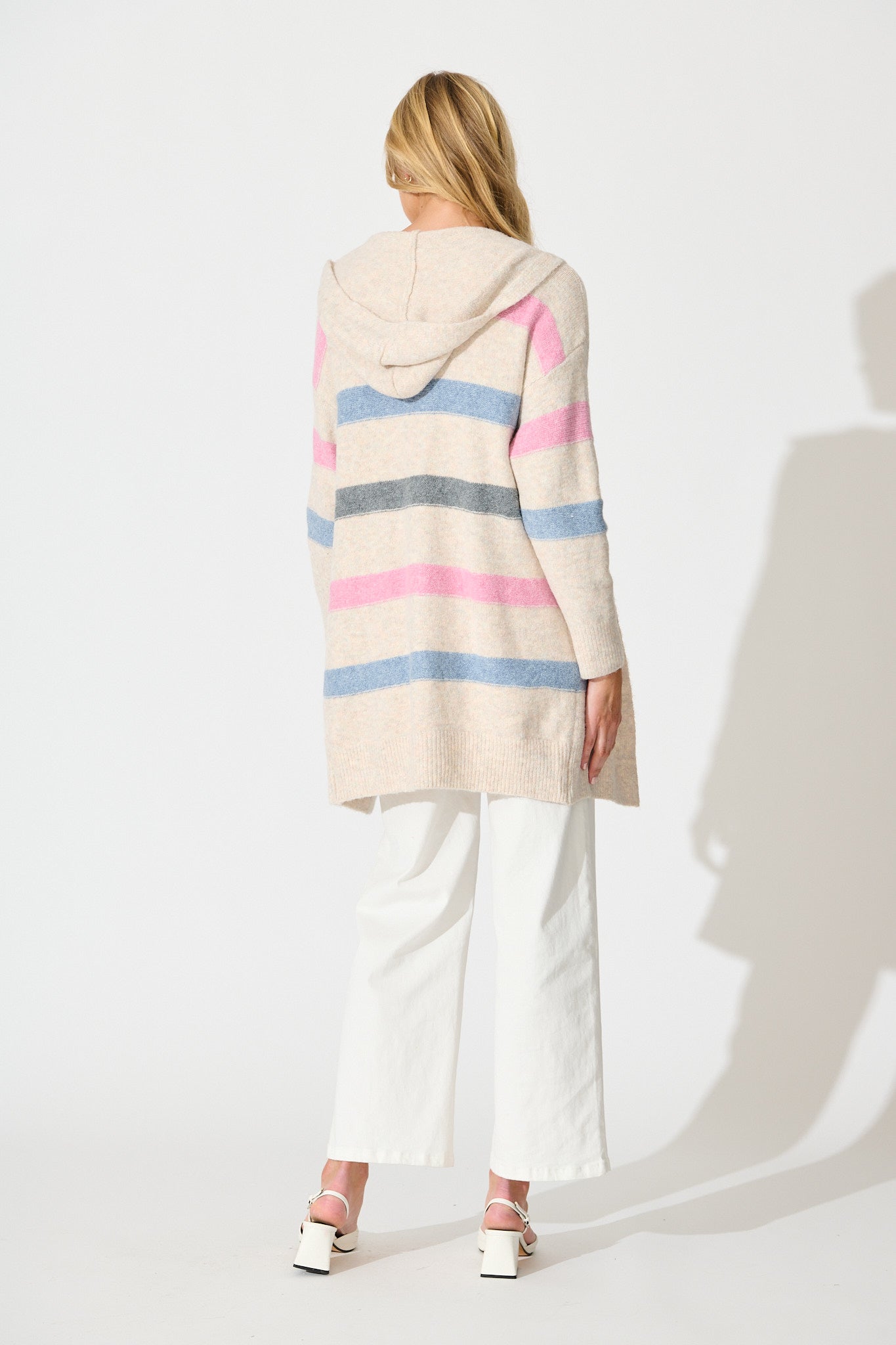 Elara Hood Knit Cardigan in Pink and Multi Stripe Wool Blend
