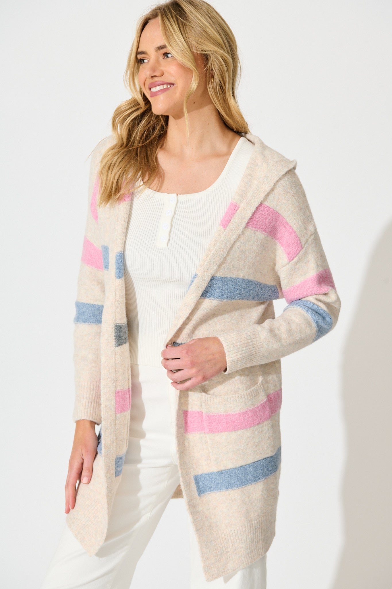 Elara Hood Knit Cardigan in Pink and Multi Stripe Wool Blend