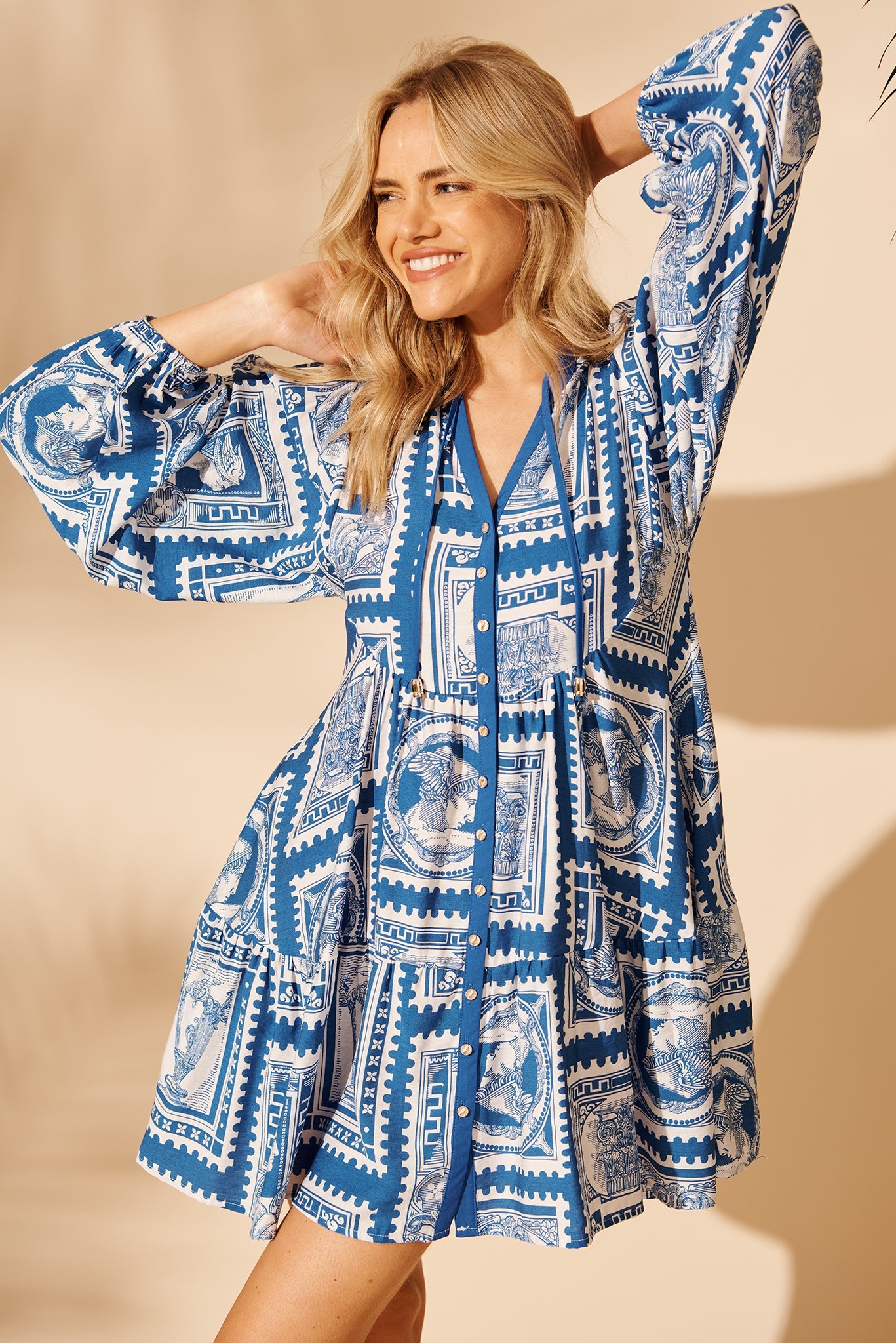 Rayla Smock Dress in Blue with White Stamp Print