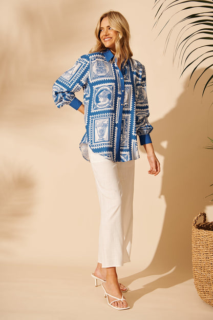 Adila Shirt in Blue with White Stamp Print