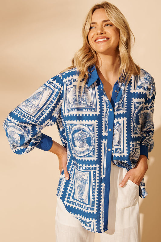 Adila Shirt in Blue with White Stamp Print