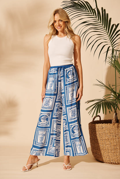 Romeo Pant in Blue with White Stamp Print