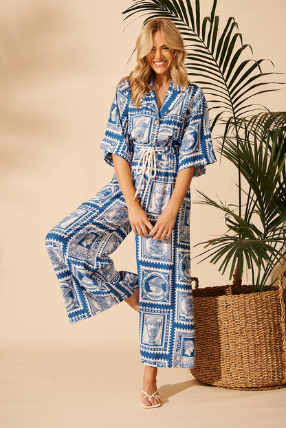 Gracelands Jumpsuit in Blue with White Stamp Print