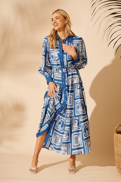 Nouveau Maxi Shirt Dress in Blue with White Stamp Print