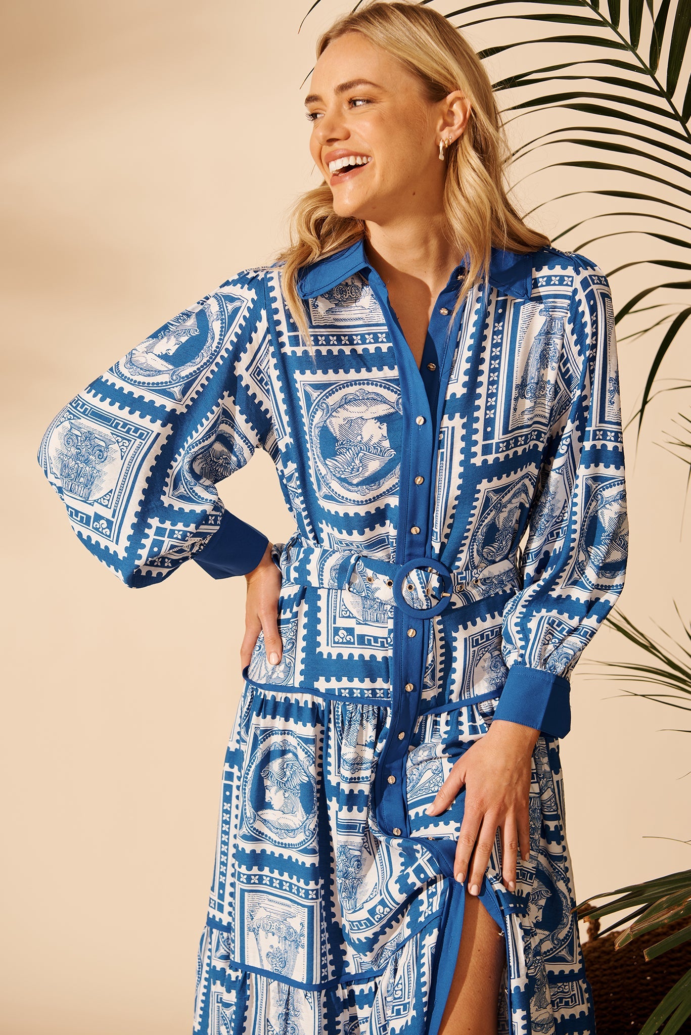 Nouveau Maxi Shirt Dress in Blue with White Stamp Print