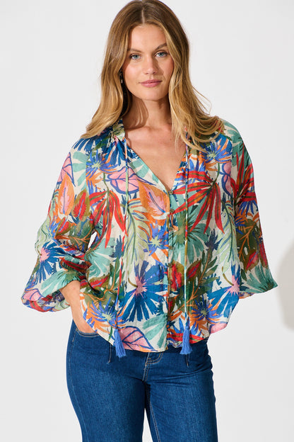 Revelations Top in Multi Leaf Cotton