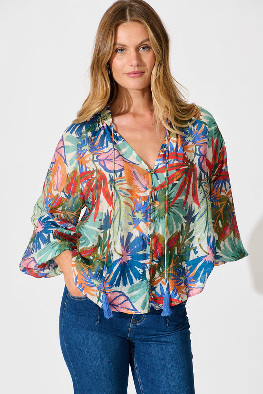 Revelations Top in Multi Leaf Cotton