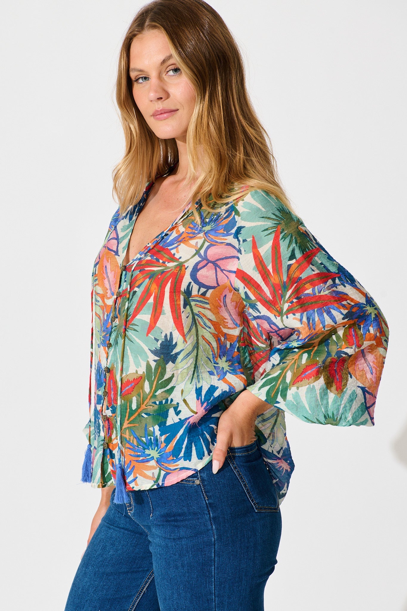 Revelations Top in Multi Leaf Cotton