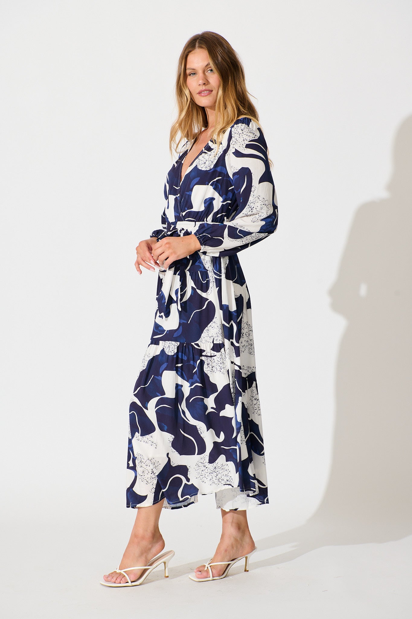 Lyons Midi Dress in White with Navy Print