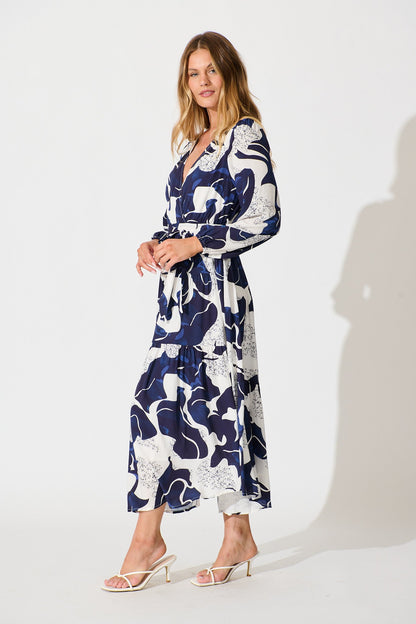 Lyons Midi Dress in White with Navy Print