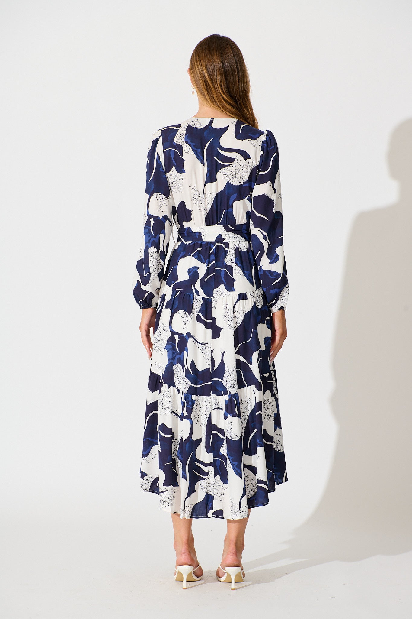 Lyons Midi Dress in White with Navy Print
