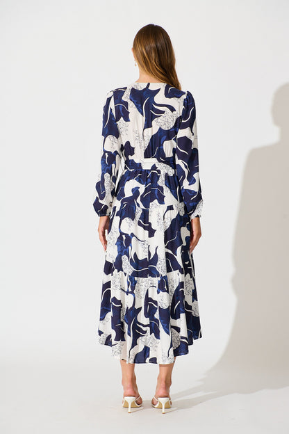 Lyons Midi Dress in White with Navy Print