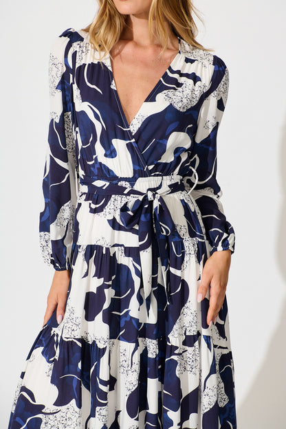 Lyons Midi Dress in White with Navy Print