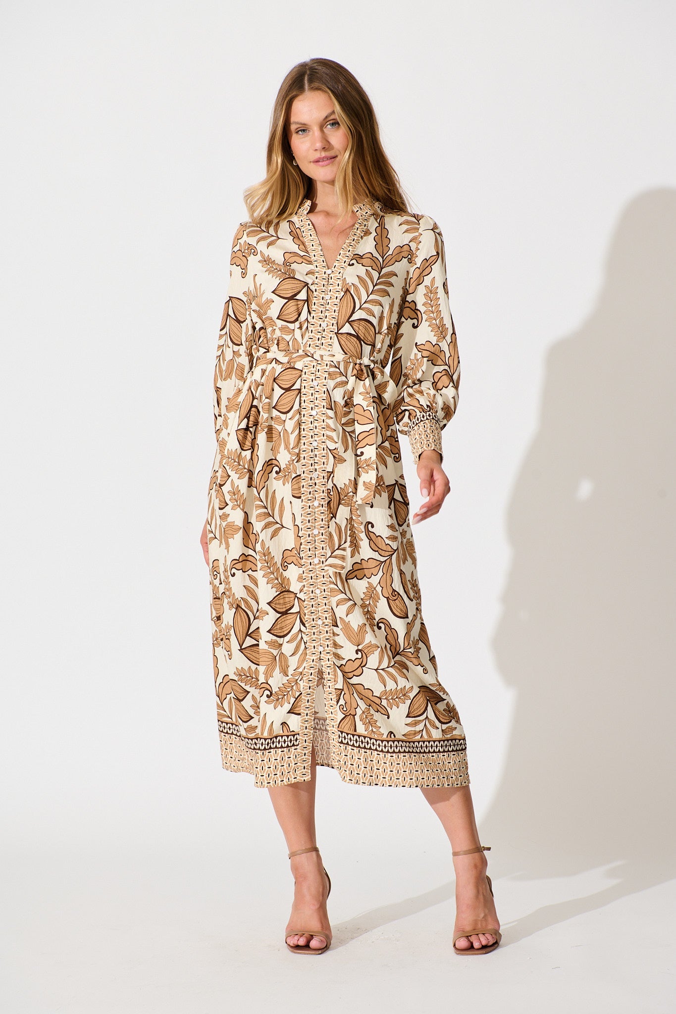 Splendour Midi Dress in Cream with Brown Leaf