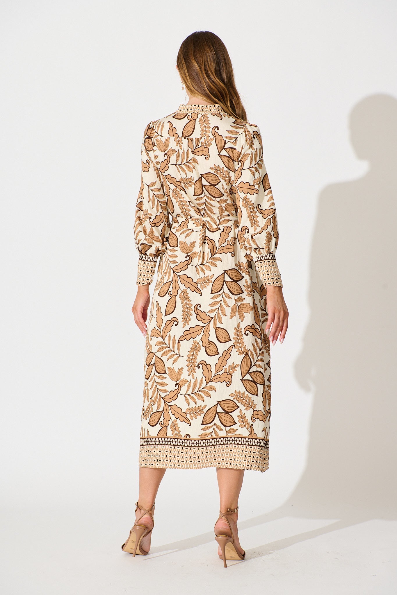 Splendour Midi Dress in Cream with Brown Leaf