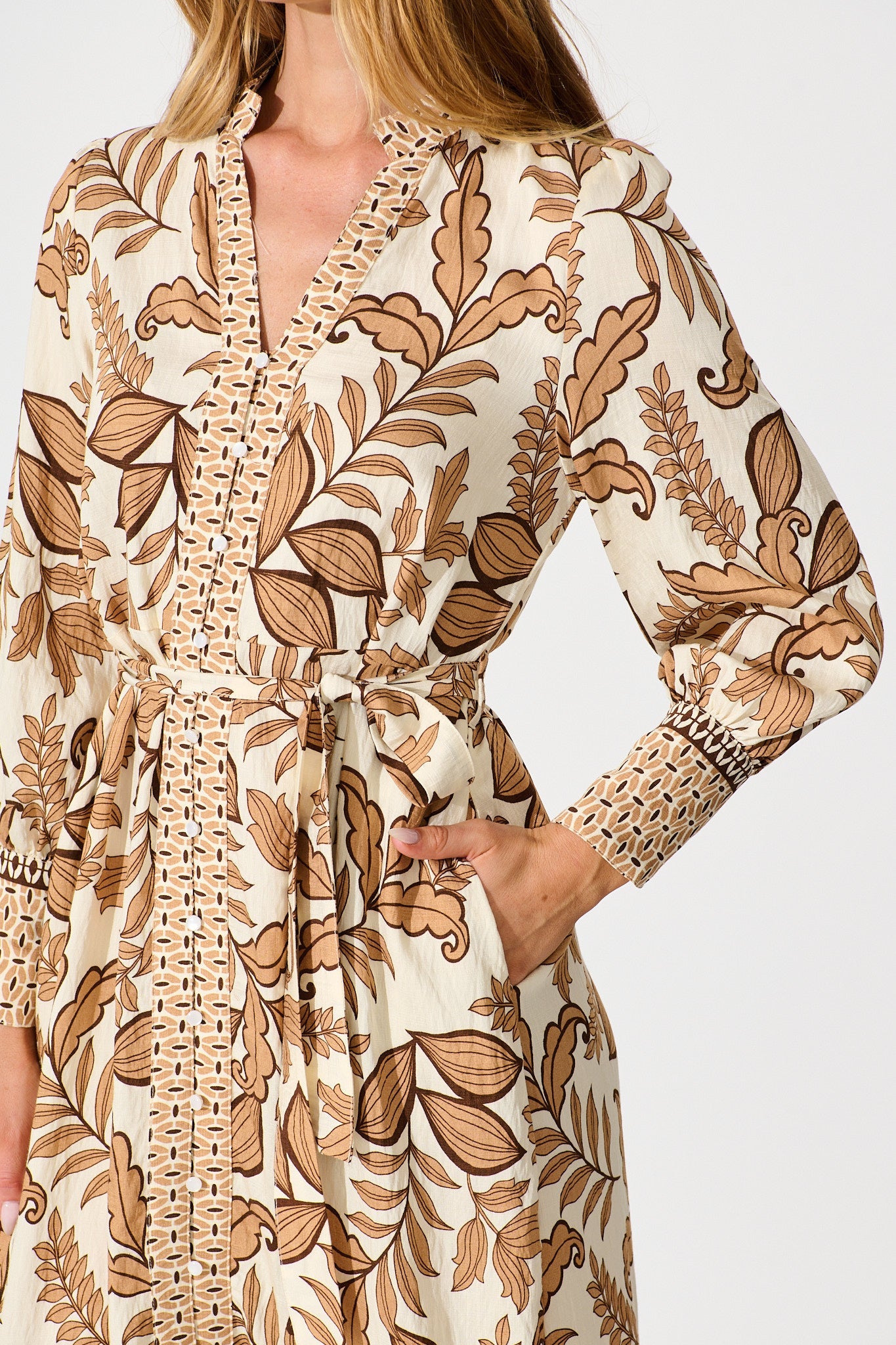 Splendour Midi Dress in Cream with Brown Leaf