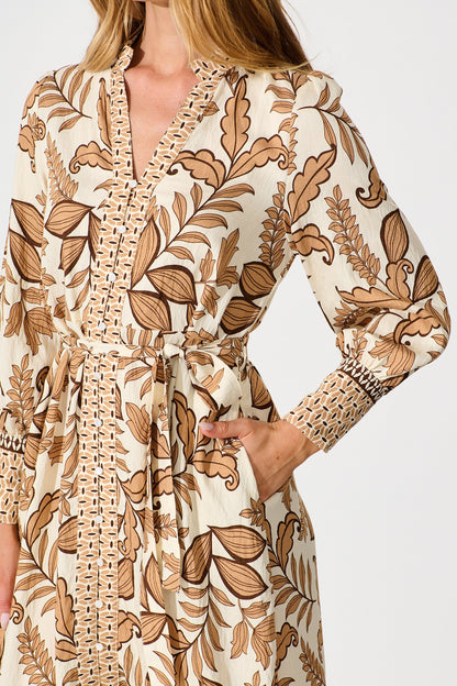 Splendour Midi Dress in Cream with Brown Leaf