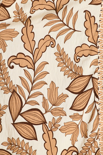 Splendour Midi Dress in Cream with Brown Leaf