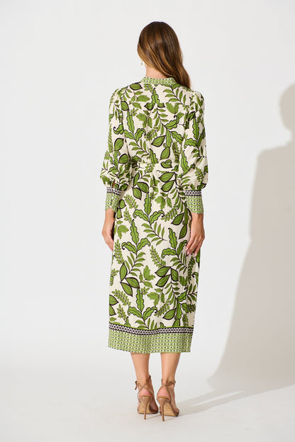 Splendour Midi Dress in Cream with Green Leaf