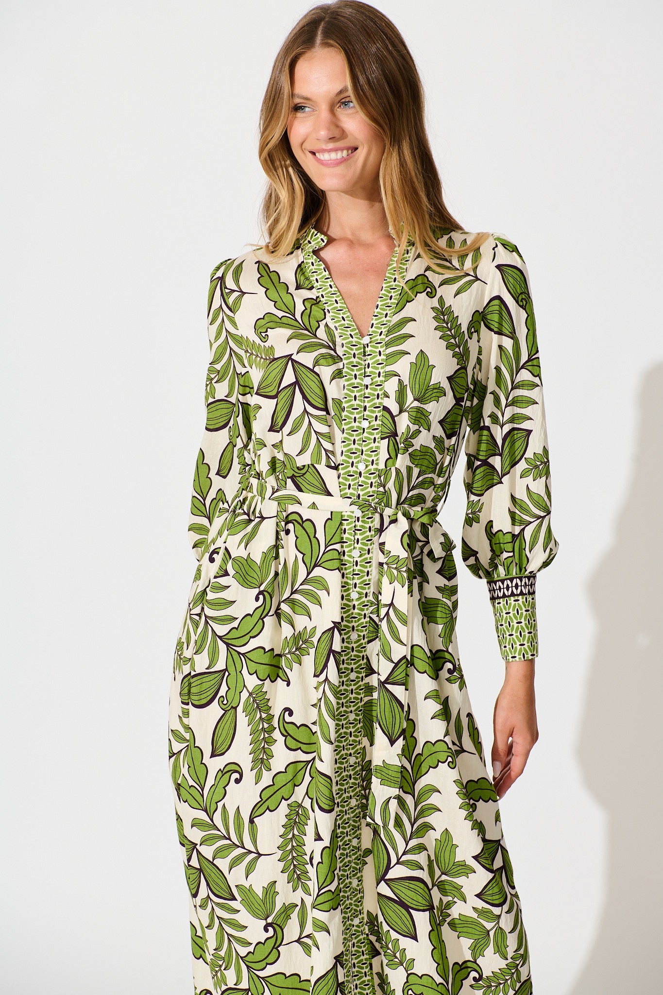 Splendour Midi Dress in Cream with Green Leaf