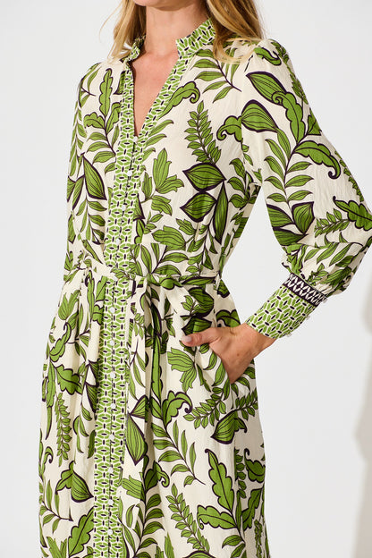Splendour Midi Dress in Cream with Green Leaf