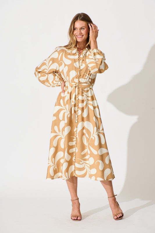 Peyton Midi Dress in Beige with White Print