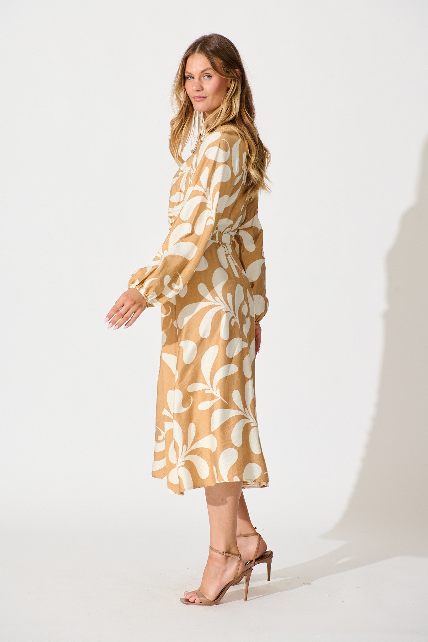 Peyton Midi Dress in Beige with White Print
