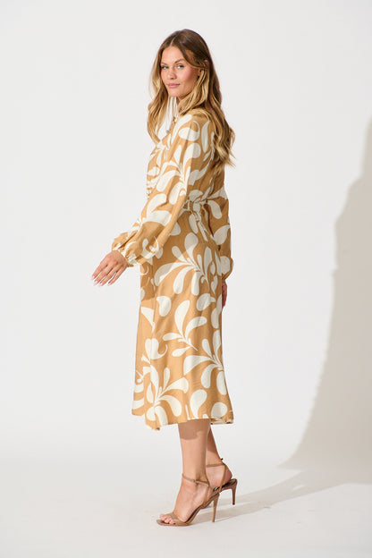 Peyton Midi Dress in Beige with White Print