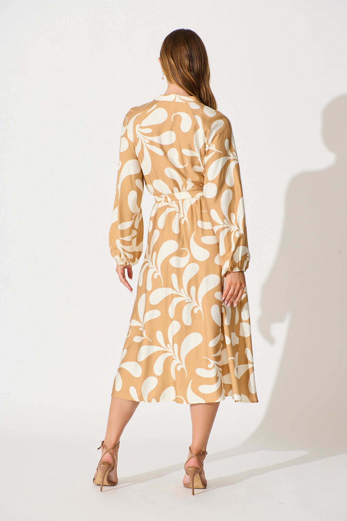 Peyton Midi Dress in Beige with White Print