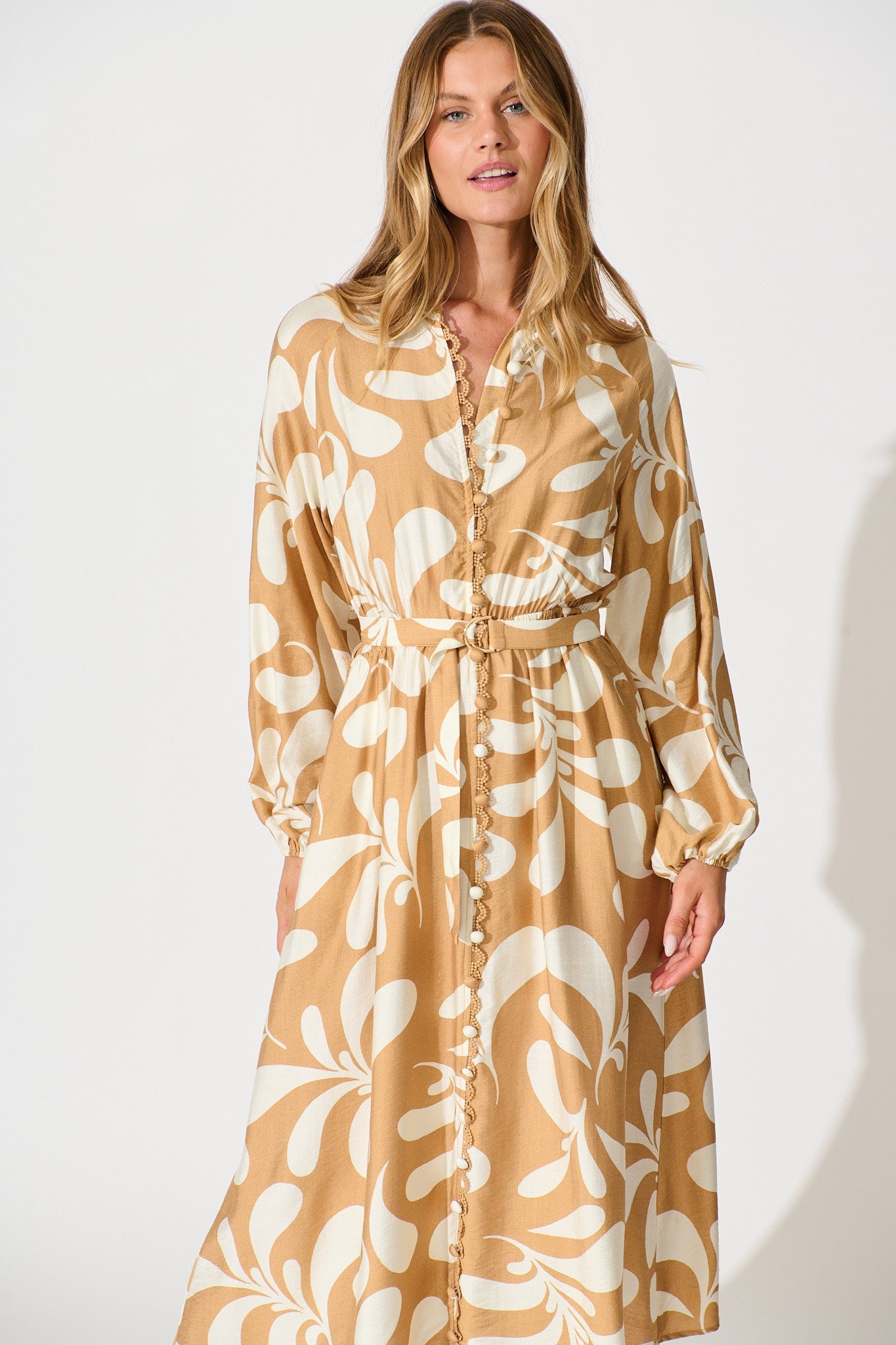 Peyton Midi Dress in Beige with White Print