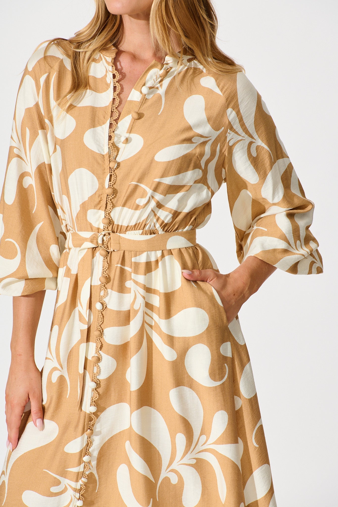 Peyton Midi Dress in Beige with White Print