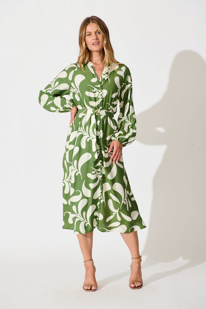 Peyton Midi Dress in Green with White Print