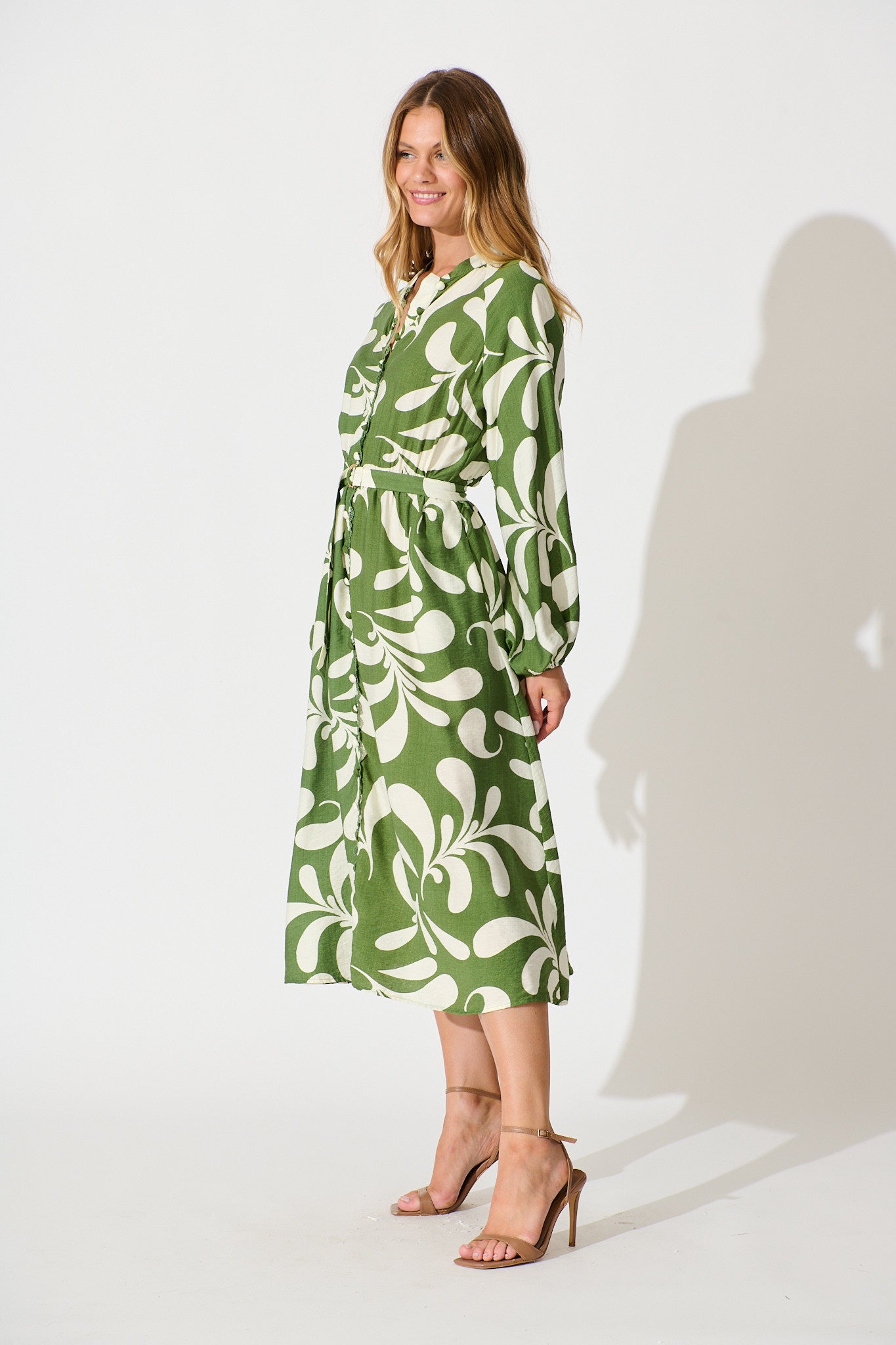 Peyton Midi Dress in Green with White Print