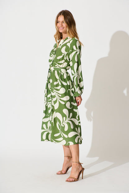 Peyton Midi Dress in Green with White Print