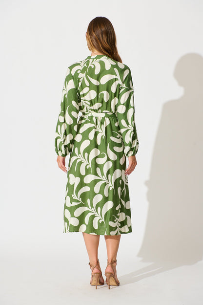 Peyton Midi Dress in Green with White Print